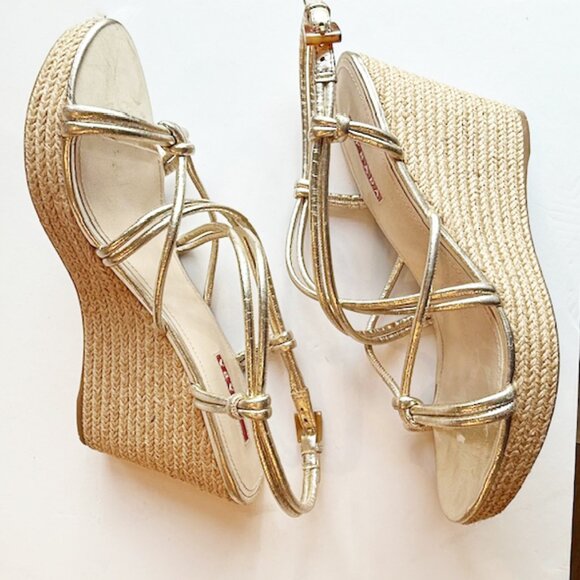 Prada Sport Gold Leather Platform Espadrille Wedge Sandals, Size 10.5 - Picture 5 of 8